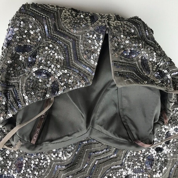 SCALA Sequin Beaded Embellished Chain Metallic Strapless Cocktail Prom Dress 0 - Picture 9 of 10